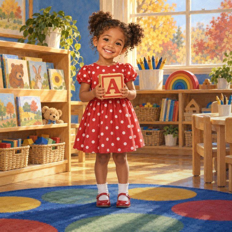 An illustration of a smiling kindergarten girl in a red dress with white dots, holding a wooden block with the letter A, in a bright classroom