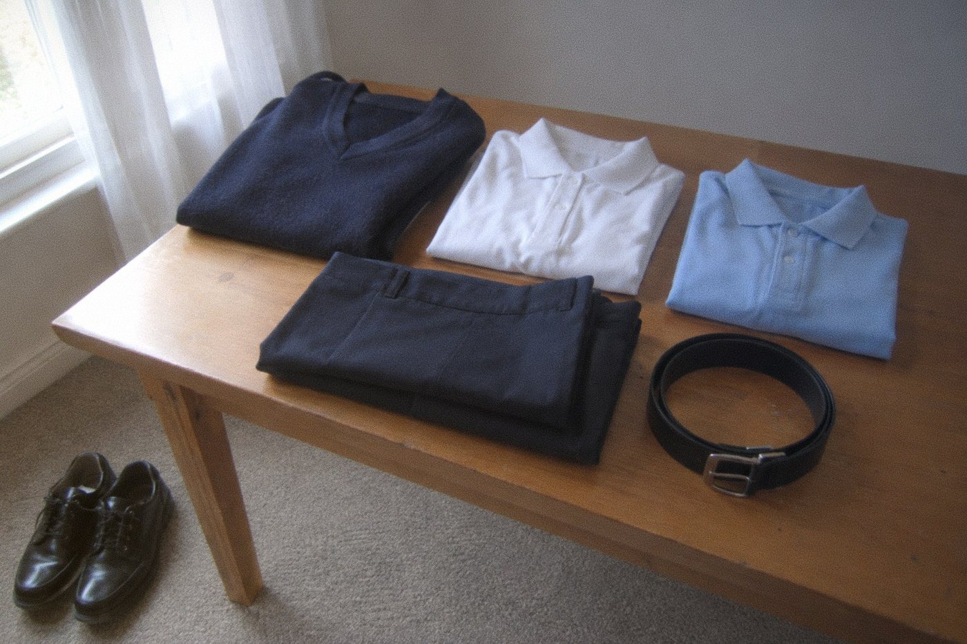 A folded navy sweater, white and light-blue polo shirts, navy trousers and a black belt on a table, with black shoes beside it