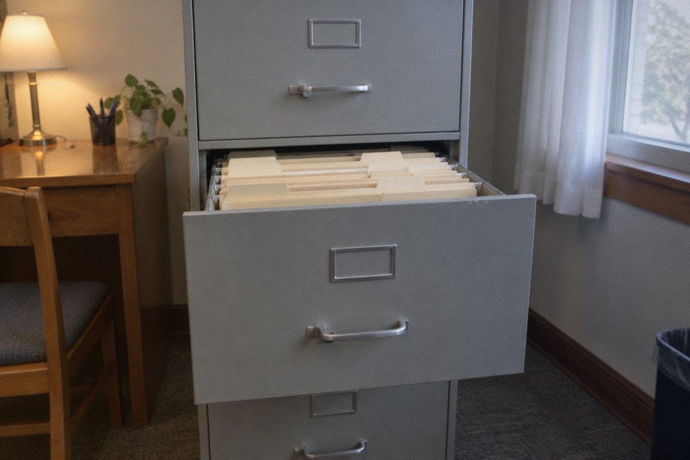 A grey filing cabinet with one drawer open, showing plain folders, in a quiet office