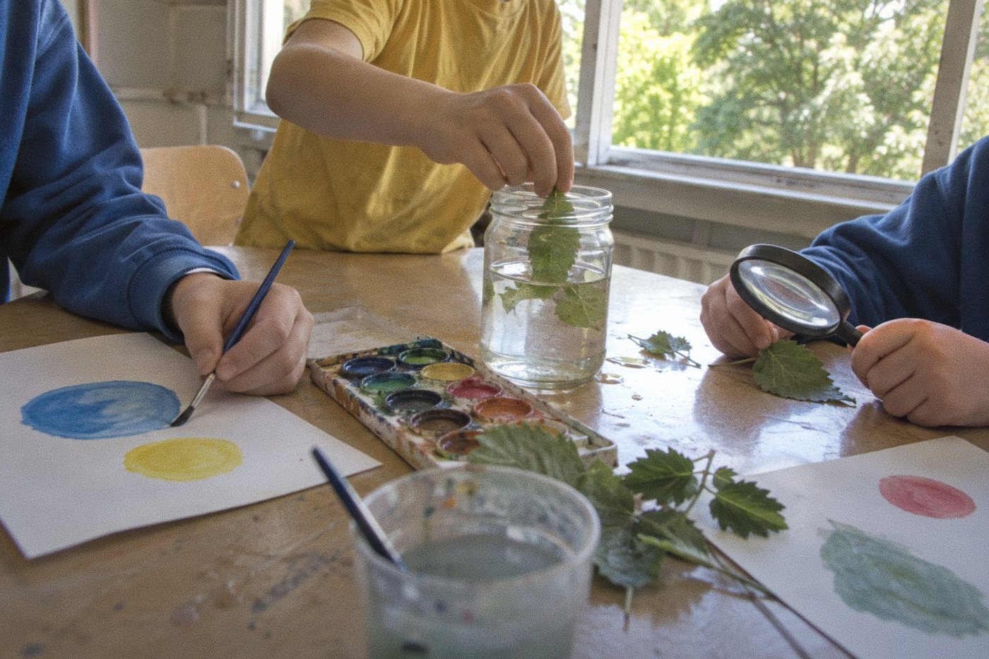 Children's hands painting, and holding a leaf and a magnifying glass, at a classroom table by an open window