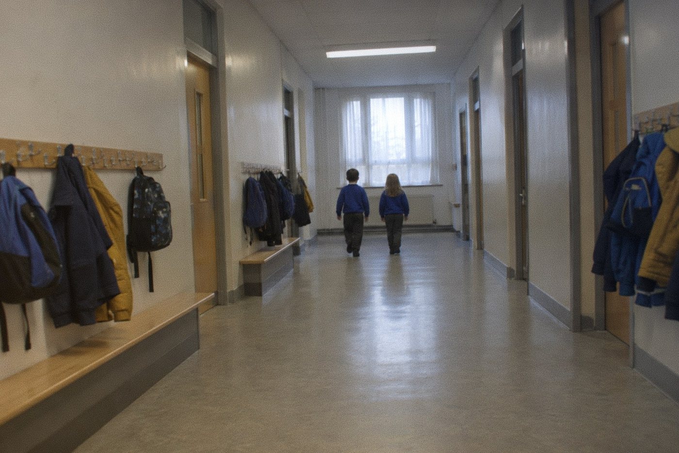 Two children in blue sweatshirts walking away down a quiet school hallway, past coats and backpacks on hooks