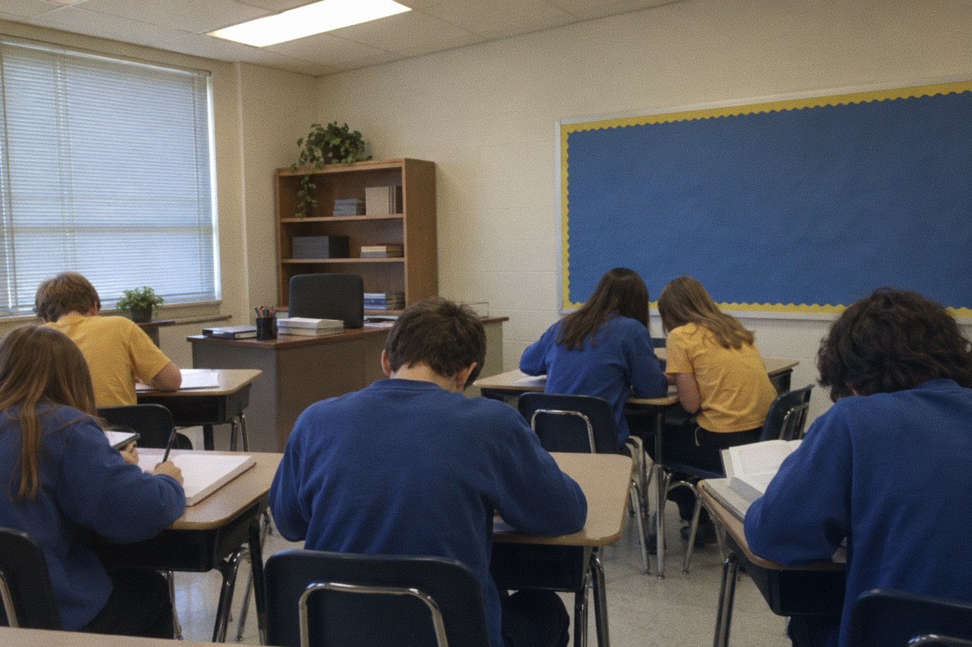 Junior high students in blue sweatshirts and gold shirts working at desks in a classroom, seen from behind